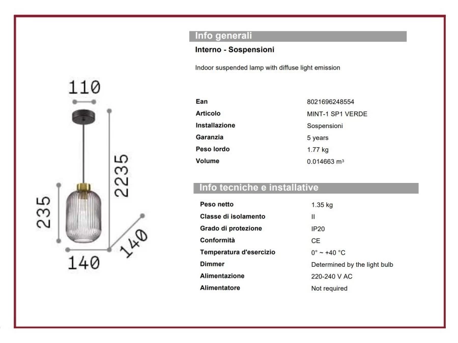 Lampada sospesa Ideal Lux MINT 1