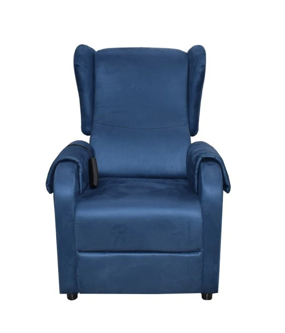Poltrona relax 2 motori, rivestita in microfibra blu.