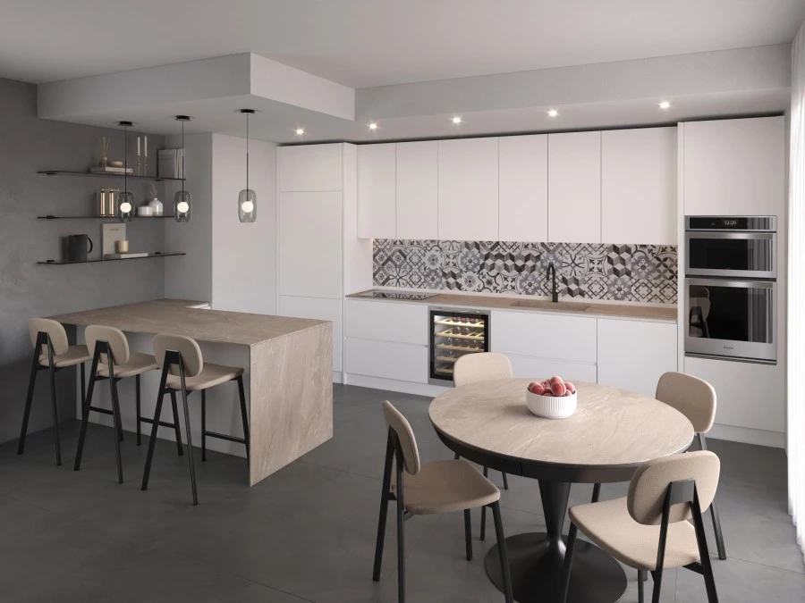 Moderna cucina lineare bianca Klab 10 outlet con penisola e piano snack integrato
