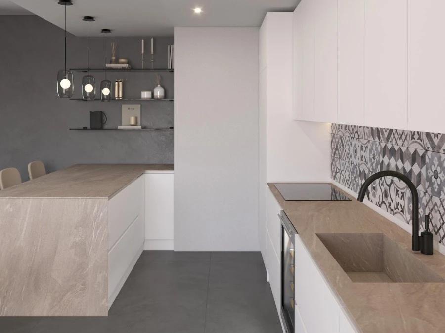 Cucina Klab 10 outlet con piano in HPL che ricopre anche il fianco della penisola