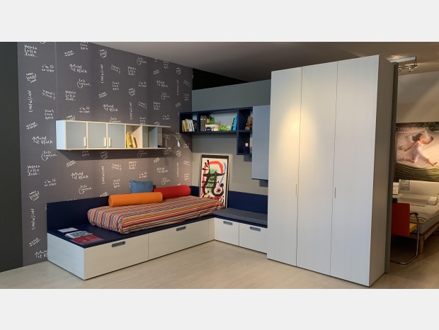 Cameretta letto singolo Nidi Blu e Olmo sbiancato